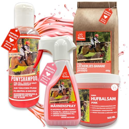 EMMA Pferdepflege-Set 4-teilig – Huffett, Mähnenspray und Shampoo | Mit Pferdeleckerlis – Fell-, Schweif- und Hufpflege als Geschenkset für Mädchen, Ponyhof, Stall und Putzbox