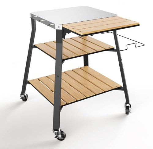 GFTIME Carrello per barbecue portatile universale, in acciaio inox, per barbecue Solo Stove & Ninja Woodfire Outdoor BBQ, supporto per barbecue con ripiani in WPC e ruote girevoli a 360°