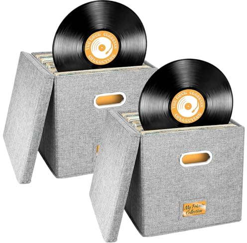 Aolawco 2 unidades cajas de almacenamiento de discos de vinilo de 12 pulgadas, caja de almacenamiento de CD con tapa y asas, cajas de almacenamiento plegables para LP con capacidad para más de 100
