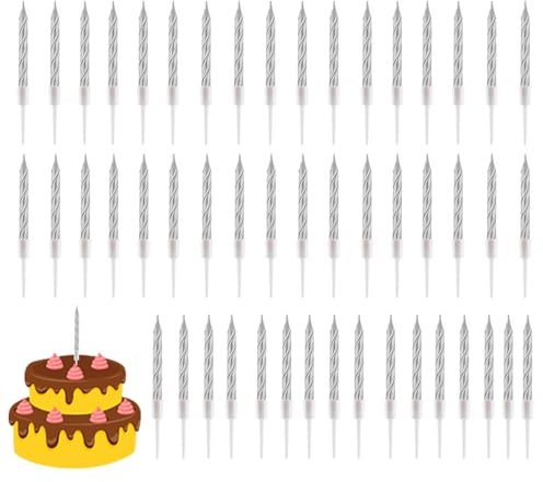 50 Piezas de Velas y Velas de Tarta de Cumpleaños Metálicas Oro Doradas, Vela en Espiral con Soporte para Decoración de Torta de Fiesta (Silver)