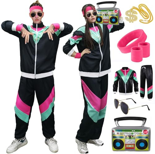 90er 80er Jahre Outfit Herren Damen- Retro 90er Trainingsanzug Jogginganzug 80er Jahre Accessoires Bad Taste Kostüm Jacke Hose Anzug Disco Party Kleidung für 80s 90s Mottoparty Schlagerparty Karneval