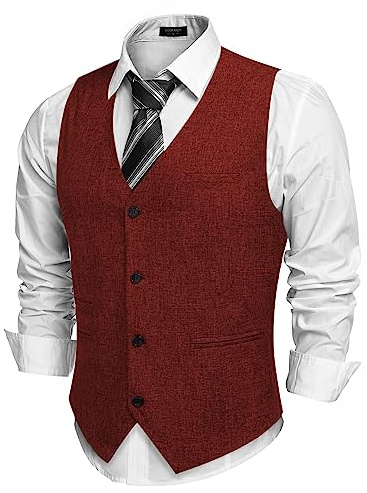 COOFANDY Chaleco para hombre, casual, de traje, con cuello en V, formal, para negocios, fiesta, boda, chaqueta tradicional, borgoña, S