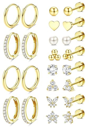 Jstyle Hypoallergenic 14k Gold Plated Stud Hoop Earrings for Women Surgical Stainless Steel Flat Back Earrings Small Stack Hoops Cartilage Earring Set for Multiple Piercing Jewelry Gifts for Women A