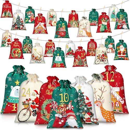 Calendario dell'Avvento da Riempire Fai da Te, 24 Sacchetti in Stoffa (12 Grandi + 12 Piccoli) con Corda e Clip, Calendario Avvento Vuoto per Bambina, Donna, Decorazioni Natalizie