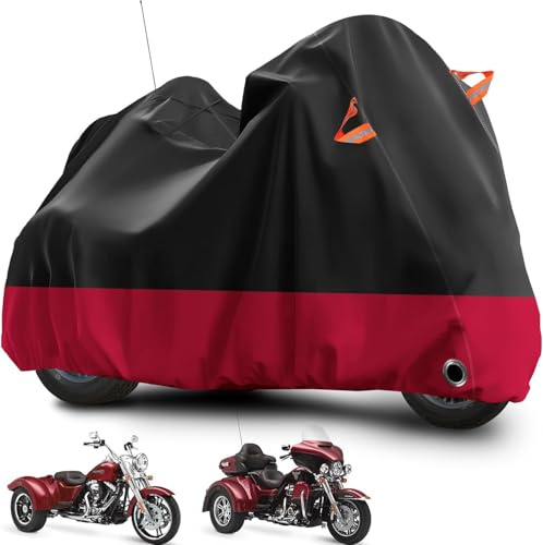 Tokept Trike Motorcycle Cover, Outdoor Waterproof Vehicle Cover with Windproof Buckle Reflective Strip for Harley Davidson, Honda Gold Wing, Kawasaki 3 Wheel Motorcycle Accessories (Black&Red)
