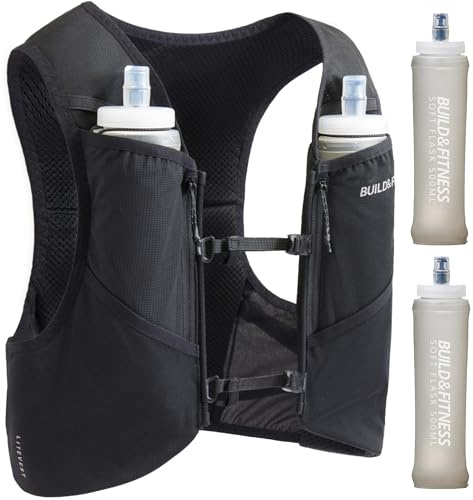 Gilet di idratazione LITEVEST Build & Fitness con 2 borracce morbide da 500 ml – 7 tasche, traspirante, comodo, sicuro ed elegante per trail running, maratone e corse quotidiane