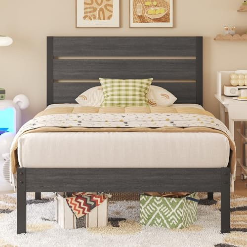 Fluest Twin Bed Frame with Headboard and Footboard, Metal Twin Bed Frame with Under Bed Storage, All-Metal Support System, No Box Spring Needed, Easy Assembly,Rustic Grey