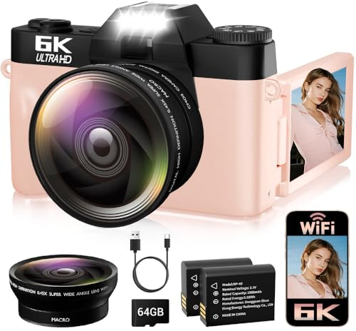 6K Digital Camera for Photography Autofocus, 64MP WiFi Vlogging Camera for YouTube with 3 180° Flip Screen 16X Zoom, 64GB SD Card & 2 Batteries Pink Compact Travel Camera for Beginners Teens