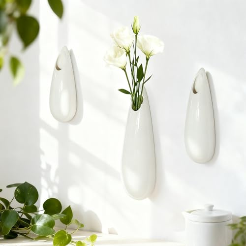 JIDOFUE Hängende Keramik Wandvasen,Set von 3,Wand Pflanzenhalter,Cubicle Modern Decor Wand Pflanzenhalter Vase für Innenpflanzen,Wand hängen,Hängende Blumentöpfe für Luftvasen,Weiß