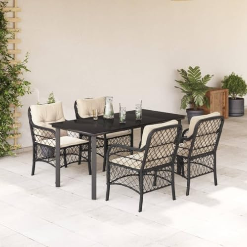 QJBSAVVA Schwarze 5-TLG. Garten-Essgruppe 160x80 cm, cremeweiße Kissen, Poly-Rattan-Sessel 110 kg, Sicherheitsglas-Tisch, Balkon/Terrasse