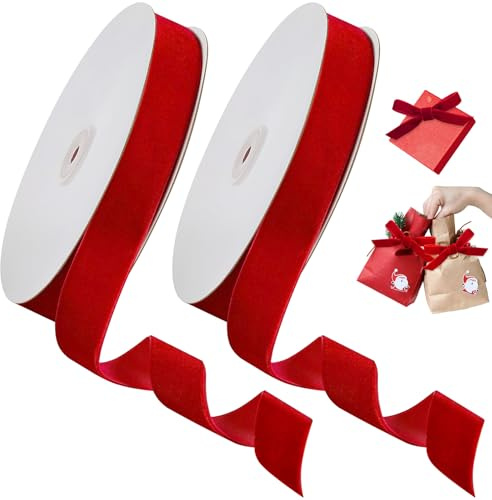2 Rouleaux Ruban Velours Rouge, Rubans Décoration pour Sapin de Noël 25 mm Large, Accessoire Décoratif Nœud Velour, Tissu Satin Vintage pour Emballage Cadeau, Bouquet, Couronne DIY, Cérémonie Mariage