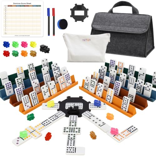NiToy Mexican Train Dominoes Spiel für Erwachsene, Doppel-12 Domino Set mit 8 Silikon-Haltern, 91 Farblich Codierten Domino-Steinen, Zentrum, 9 Zugmarkern, Punktetafel und Tragetaschen