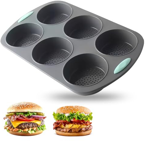 MXGHIR Silicone Burger Bun Mould, 6 Cavity Baking Molds with Holes Non-Stick & Quick-Release for Hamburger Cake Pie Custard Tart (38.5x23.7x3.8cm)