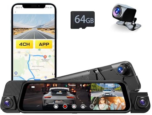 Inefala Dash Cam Rétroviseur 4 Canaux 9,66 Tactile | Avant Arrière, WiFi, App, G-Capteur, Carte 64 Go, Grand Angle, Vision Nocturne, Boucle