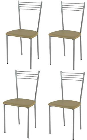 Tommychairs - Set 4 chaises ELENA pour cuisine, bar et salle à manger, robuste structure en acier peindré en couleur aluminium et assise rembourrée et revêtue en cuir artificiel couleur cappuccino