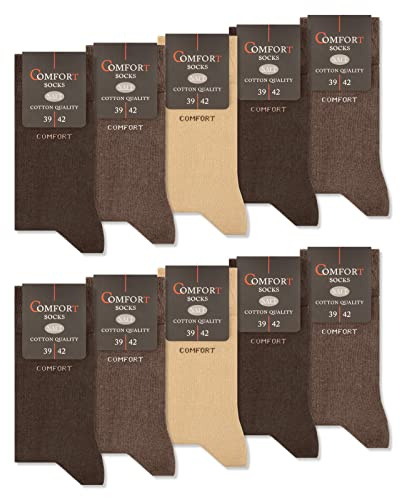 10 Par Comfort Strumpor utan Gummi & utan Söm Herr & Dam Bomull Komfort Midjeband 13100 (43-46 Beige Brun)
