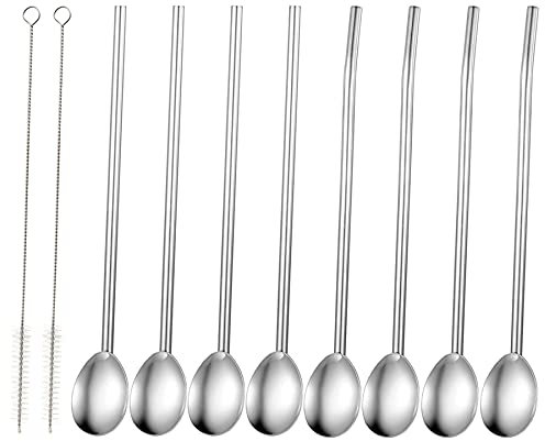Bulckrew 8pcs Strohhalm Löffel, Trinkhalm Löffel Edelstahl poliert, Silbrig