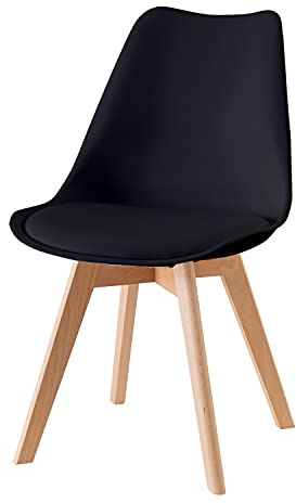Chaise de salle à manger ou bureau avec pieds en bois, ergonomique avec coussin intégré, 57 x 48 x 79 cm, noir