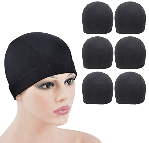 6 Stück Dome Cap Haarnetze, Kuppelnetze für Perücken, dehnbares Perückenkappe mit breitem elastischem Band (Schwarz M)