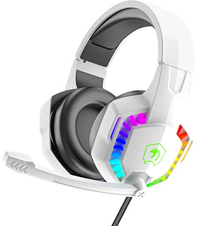 RGB Gaming Headset, 5.1 Channel Stereo Surround Sound, 3.5mm Wired LED Over-Ear Comfort Headphone with Noise Cancelling Mic & In-line Volume Control for PC Xbox One PS5 Laptop Mac Smart Phone(White)