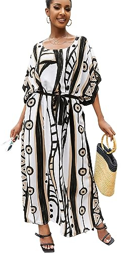 YouKD Lång kaftan bohemisk kofta strand baddräkt täcka klänning plusstorlek rock, Svart brun, en storlek