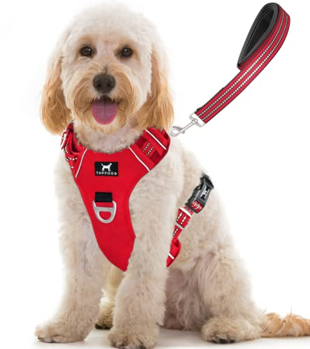 TUFFDOG Easy-Fit Dog Harness Medium - Fast Release Neck Clip, Premium Padded Reflective No Pull Harness with Control Handle, Adjustable Step-in Dog Vest Plus Free Matching Lead (M, Poppy Red)
