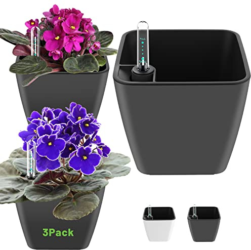 GS Garden Self Watering Planters for Indoor Plants 5 inch 3 Pack Grey Planter with Water Level Indicator African Violet pots