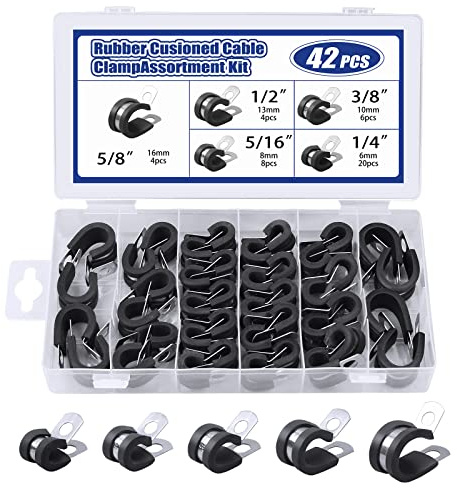 MaxAwe 42 Stk Gummischlauchschelle, Schraubrohrschellen Rohrschellen Leitungsschelle mit Gummieinlage 6 Größe 6-19mm, Edelstahl Kabelklemme Gummi Gefüttert P Clips Schlauchschellen