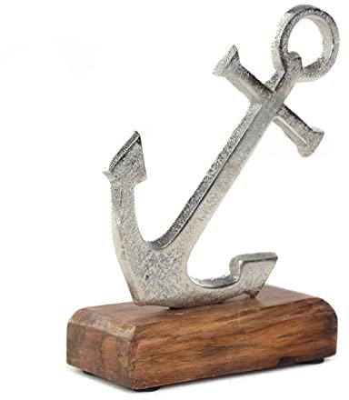 DESIGN DELIGHTS AUFSTELLER Maritim | Mangoholz, Metall, 16 cm | Ankerskulptur auf Sockel, Metallskulptur, Schiffsanker Figur
