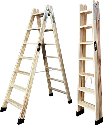 BTF Scale a forbice in legno di pino doppia salita certificate | ideale per professionisti pittore, gessolista, elettricista o anche per la tua casa | 7+7 gradini, H.169 cm. Rif. BTF-MDP007