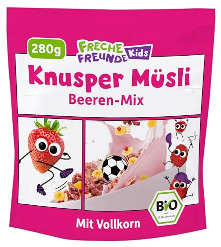 FRECHE FREUNDE Bio Frühstücks-Müsli Eddas Knusper Müsli Beeren-Mix, für Schulkinder, mit gefriergetrockneten Erdbeeren, vegan, 6er Pack (6 x 280g)