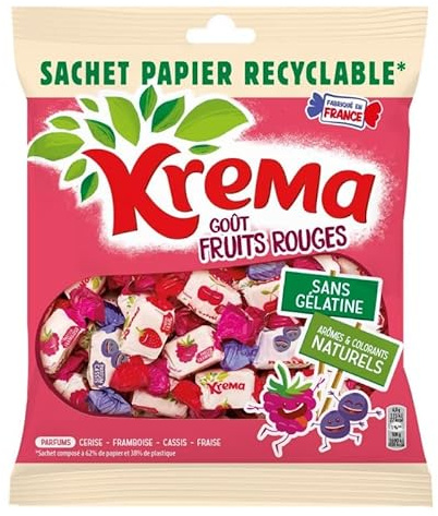 Krema - Sachet de bonbons aux fruits rouges recyclable - 240g - Douceur sucrée et plaisir gourmand - Lot De 4