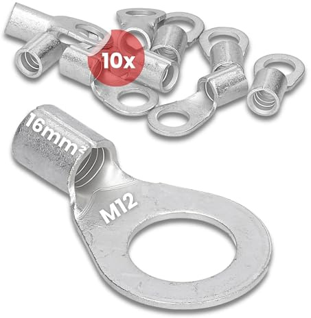Kalitec 10x Quetschkabelschuh 16mm² M12 - Ringkabelschuh Unisolierte | Nach DIN 46234, Dornpressung, Elektrolyt-Kupfer blank, für mehr- und feinstdrähtige Leiter, Set für Schaltschrankbau.