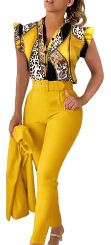 Ladies Trouser Suits 3 Pieces Outfits V Neck Sleeveless Gradient Button Tops Wide Leg Pant And Belt Suit Set Formal Blazer Suit Set for Work Office Wedding Party Business Special Occasions（No Jecket）…