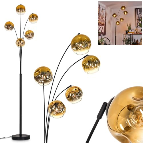 Stehleuchte Ripoll, Stehlampe aus Metall/Glas in Schwarz/Gold/Klar, Leuchte im modernen Retro/Vintage-Design mit Schirmen aus Glas (Ø 15 cm) u. Fußschalter, Höhe 210 cm, 5 x E14, ohne Leuchtmittel
