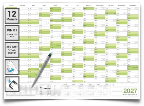 Kalenderoutlet Wandkalender 2027 abwischbar Din B1 XXL 100x70 cm groß Jahresplaner mit 1 Marker
