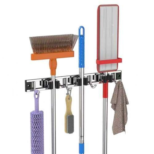 3-H Besenhalterung Wand 38cm, 2-in-1 Dual Montage (Variabel verschiebbar oder wandschonend selbstklebend), Edelstahl Gerätehalter Wandhalterung für Badezimmer Garten Garage (3 Halter & 4 Haken,Silber)