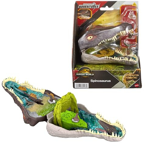 Mattel Jurassic World: Renaissance Coffret Micro Aventures Spinosaure , avec la tête du spinosaure qui s’ouvre et intègre 4 fonctions interactives, 3 mini-figurines, figurine dinosaure, JGB98