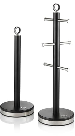 Swan Serenity Kitchen Towel Pole and 6 Cup Mug Tree Set with Smooth Matte Finish, Stainless Steel Accents and Non-Slip Bases, Black