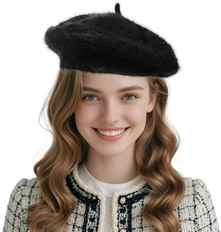 FloraMolly Vinterdamhatt, mjuk mjuk lättviktig dammössa vinter svart Beret för kvinnor tonåringar flickor, med 2 st hårnålar, Svart, one size