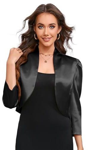 KOJOOIN Bolero Elegante para Mujer, Chaqueta Corta Festiva, Blazer de Punto, Chaqueta de Hombro, Manga de 3/4 para Vestido (Embalaje Reutilizable), Negro , S