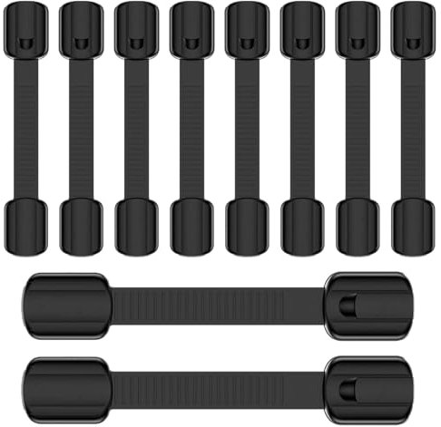 Fhlbestyu 10 unidades de seguridad infantil para armarios y cajones, seguro para cajones para bebés y niños, para puertas, armarios y neveras, con adhesivo sin taladrar, color negro
