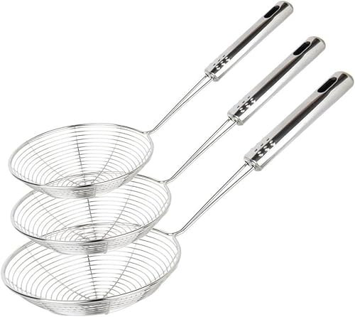 STL Pack of 3 Stainless Steel Strainer Wire Skimmer Ladle with Ergonomic Handle, Sieves Spider Mesh Filter, Solid Utensils Slotted Spoon for Kitchen, Frying Chipd Food, Pasta, Noodles, Spaghetti