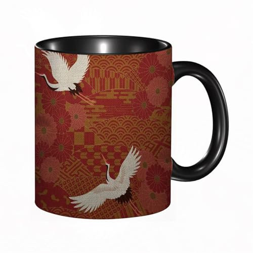 reyawdf Taza Original Personalizada,Japonés,asiático oriental Dos grullas y crisantemos Japón Wa,330ml, Cerámica, Regalo Creativo para Café, Té, Regalo de Cumpleaños y Navidad - Apta para Lavavajillas