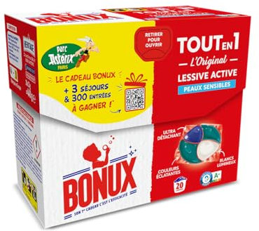 Bonux – Lessive Capsules L’Original Détachante Tout en 1 – Nettoie en Profondeur – Pour Linge Blanc et Couleur – Adaptée Aux Peaux Sensibles – 20 capsules = 20 lavages