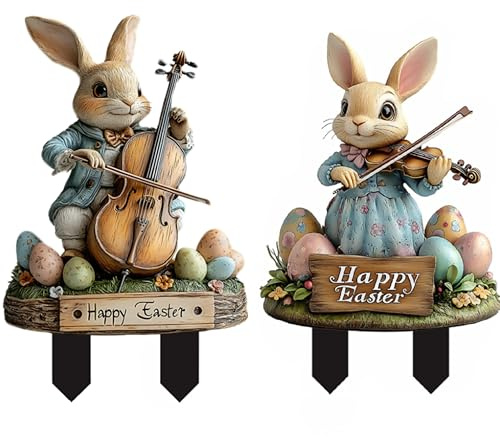 Nlqhyrexion 2 Stück Gartenstecker Ostern, 2D Ostern Schild Wetterfest, Acryl Osterhase Werbeschilder Deko, Frühlingsdeko, für Draußen Outdoor Garten