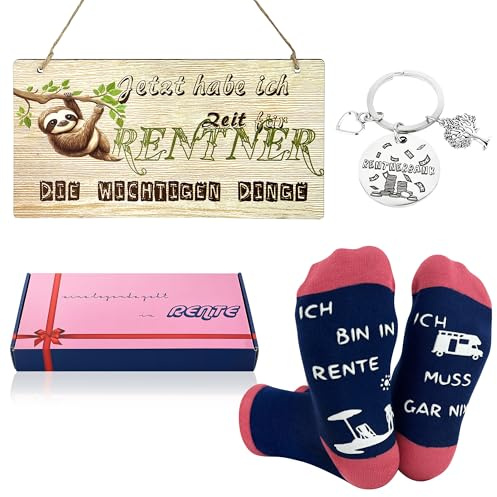 qianduoduo Ruhestand Geschenk Frau: Holzschild, Lustige Socken Damen, Schlüsselanhänger - Rente Deko Geschenke für Frauen (Rosa, 11 cm x 21 cm, 3 Stück)
