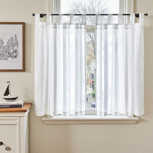 TOPICK Sheer Scheibengardinen mit Schlaufen H90xB90 2er Set Weiß | Transparent Bistrogadine Landhaus Streifen Voile Küchenvorhang Gestreift Küchengardinen Paarig für Badezimmer Klein Fenster