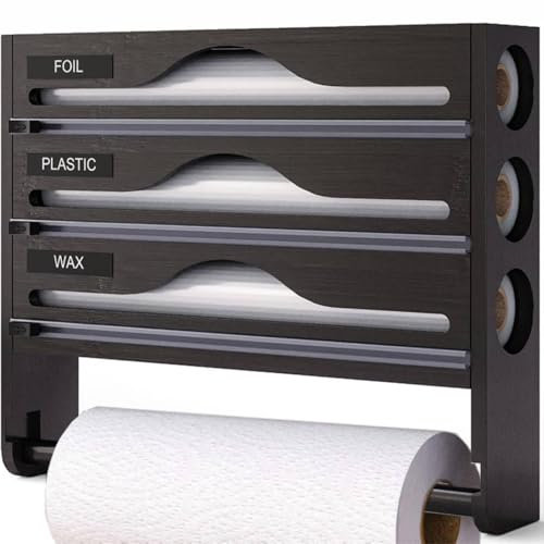 5-in-1 Cling Film Dispenser and Cutter Tin Foil Film Dispenser and Cutter, Foil Dispenser 40 cm Kitchen Roll Foil Organiser Storage Cling Film Cutter for Aluminum Foil Cling Film Wax Paper (Black)