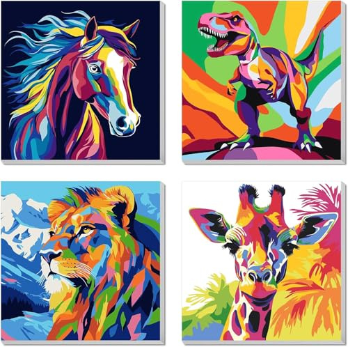 BEAYIOU 4 Pack Paint by Numbers Kit for Kids, Horse Color By Number Painting Kits for Kids Ages 8-12 Dinosaur Paint by Numbers Canvas Children DIY Paints by Number Kits for Beginners 8x8 Inch